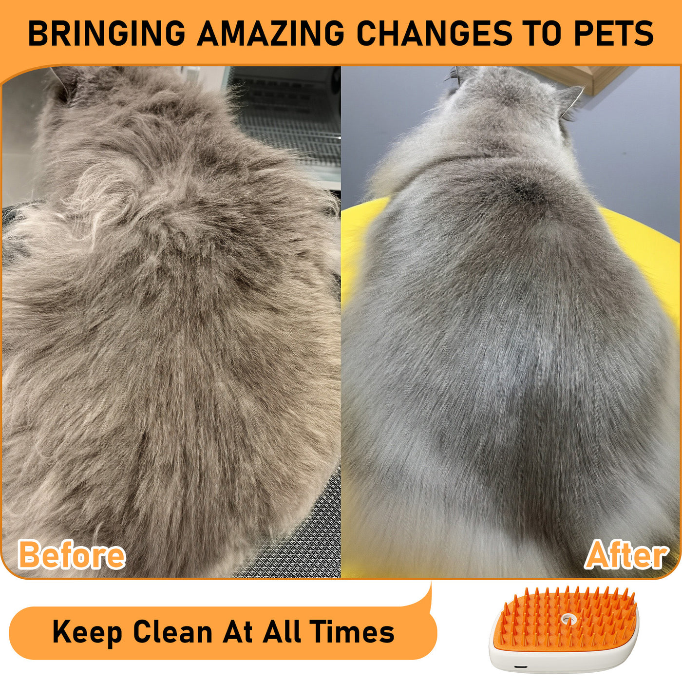 Before and after comparison of a pet's fur with a grooming tool, emphasizing cleanliness.