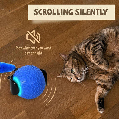 Cat playing with a blue PawMotion – Intelligent Self-Rolling Cat Ball Toy
