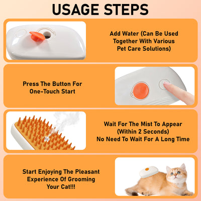 Instructions for using a pet grooming device with images and text on an orange background.