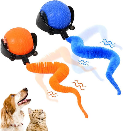 Dog and cat toys including a blue ball with a bell, an orange ball with a bell, PawMotion – Intelligent Self-Rolling Cat Ball Toy