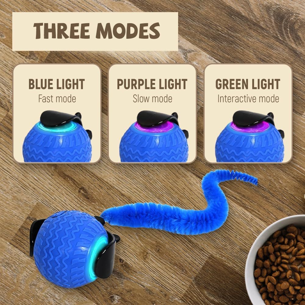 Pet toy with blue light mode on a wooden surface, showing three modes: Blue Light, Purple Light, and Green Light.