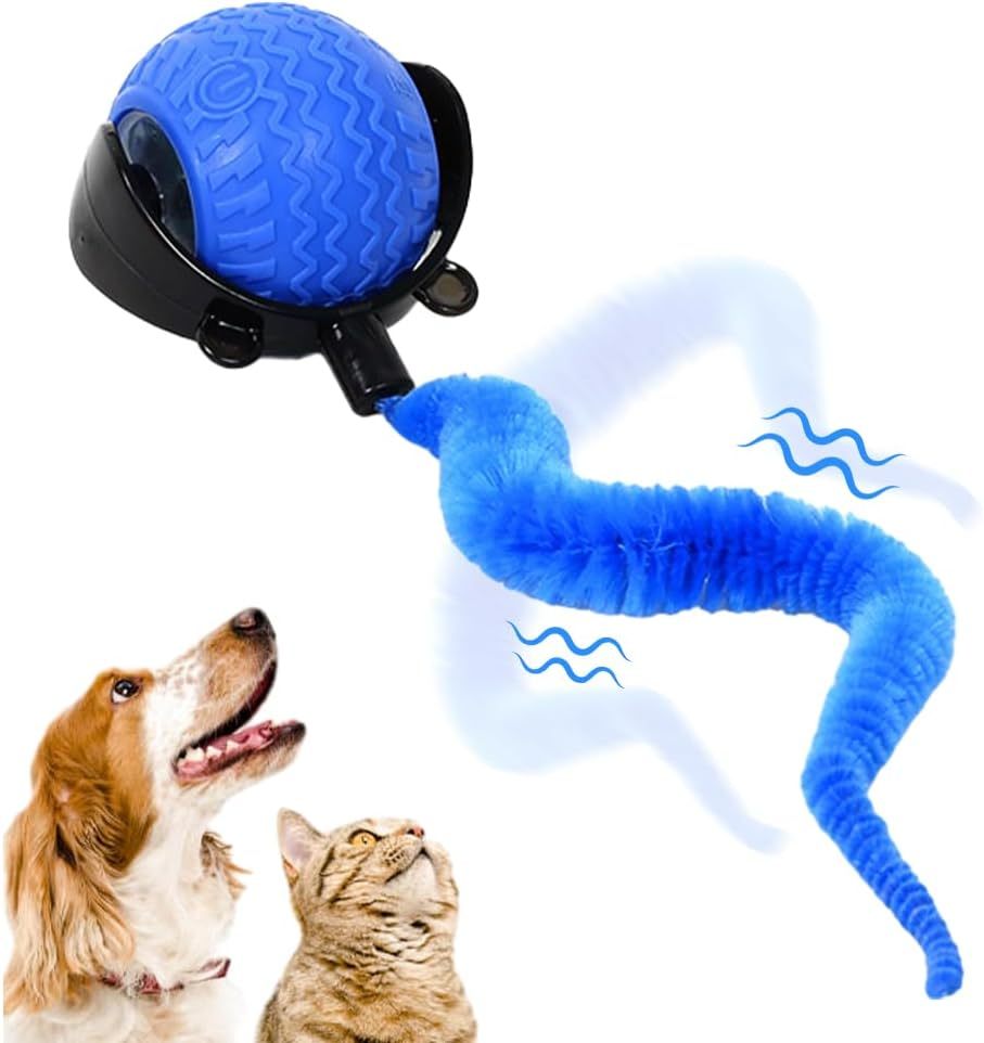Dog and cat toy with a blue ball and worm-like extension on a white background