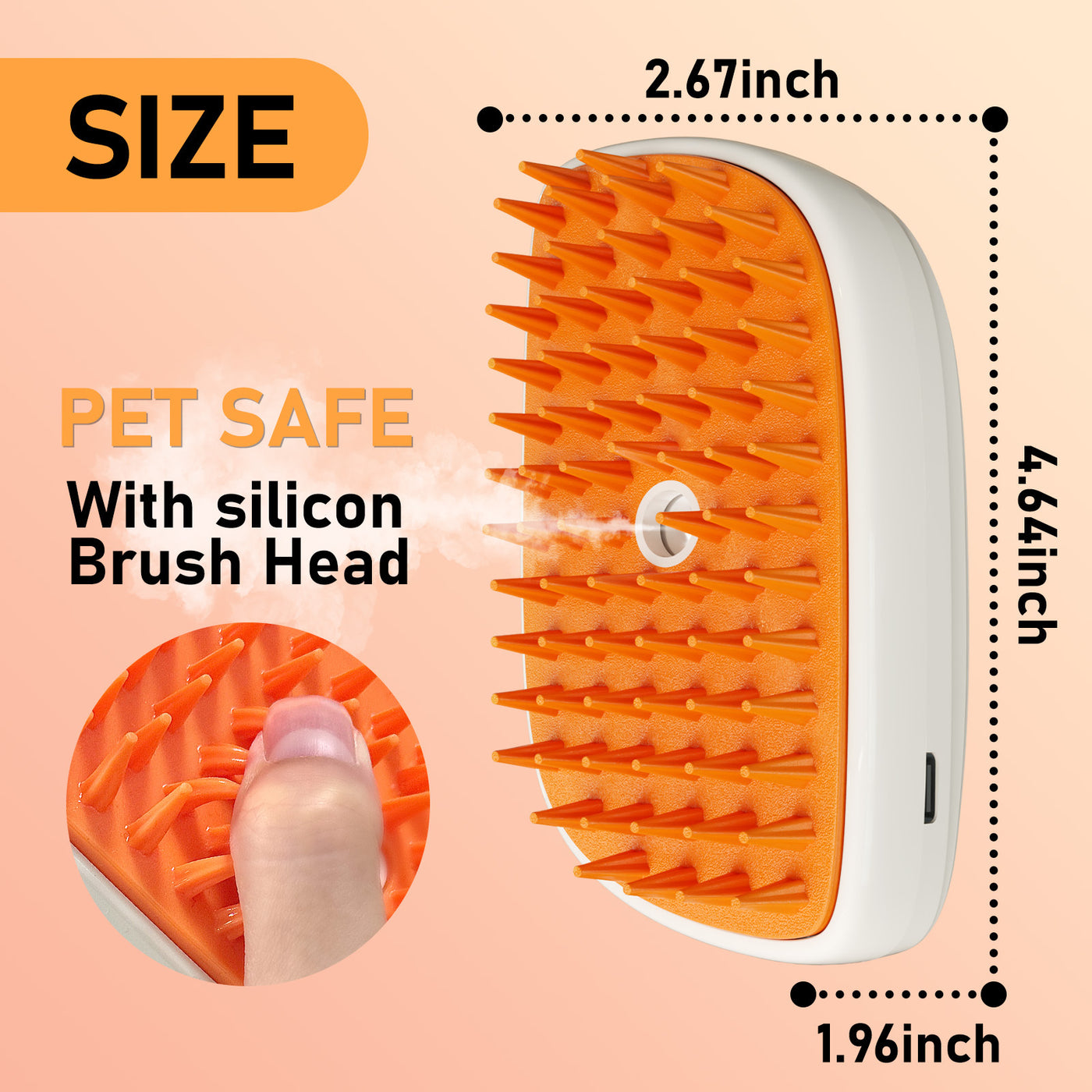 Pet grooming brush with measurements and safety information on a peach background