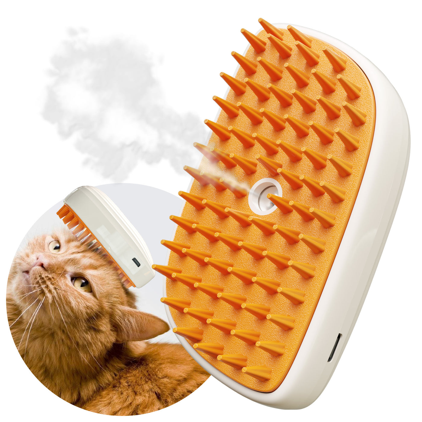 Pet grooming brush with orange bristles on a white background, featuring an inset of a cat.