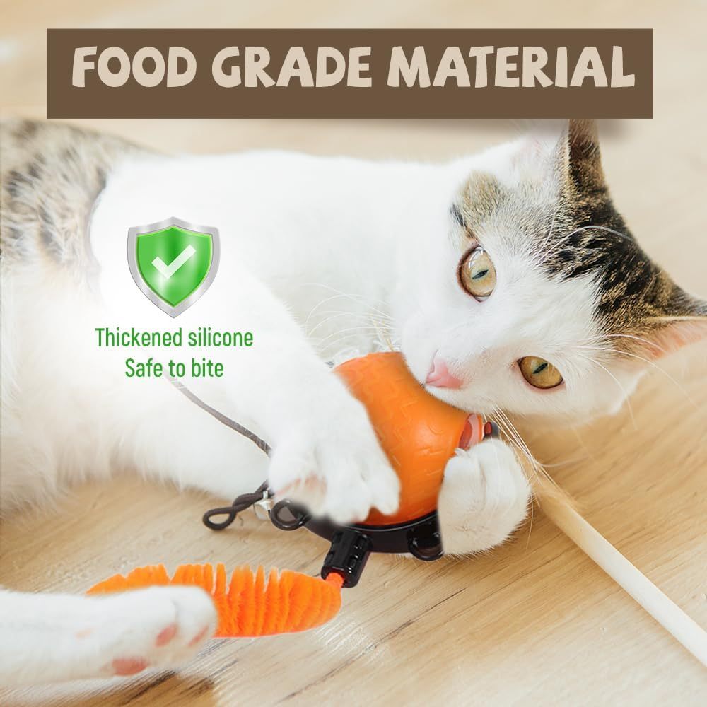 Cat playing with an orange toy, with text about food-grade material and thickened silicone.