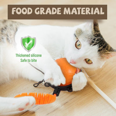 Cat playing with an orange toy, with text about food-grade material and thickened silicone.